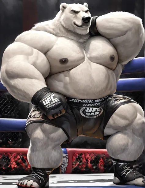 huge muscular old polar bear in UFC MMA Fighting Tournament, big smirk, polar bear, huge white fur, thick arm, huge arm, white mustache and beard. Short white hair, (huge thick muscular, huge pectoral, wide pectoral, thick arms), bulky, bulking, hulking, c...