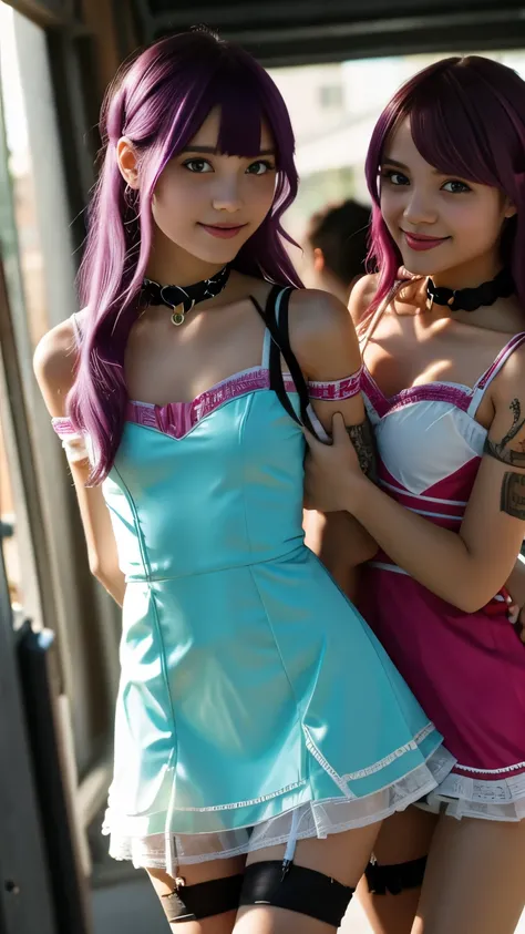 18 year old tween girls at a music festival, two close playful friends, perfect young teen models, colored hair, kawai cosplay girls, colored short dresses, dress with straps, choker, skinny body, innocent, garter with stockings, good lighting, glasses, br...