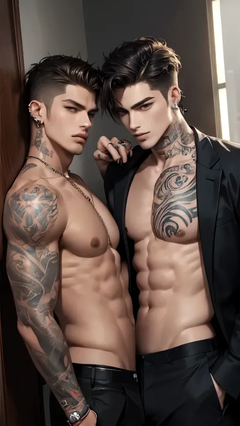 ((2 handsome men)) ((fully clothed)), tattoos, seductive gaze, painted nails, piercings