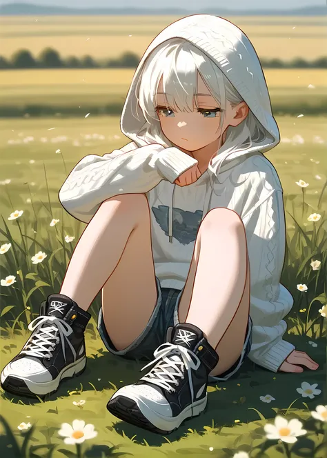 score 9, score 8 up, score 7 up, , young girl, grassland, detailed background, sitting in grass field, 
White hair, blue eyes, half-closed eyes, emotionless, cute sneakers, Jean shorts, white sweater hoodie, sneaker boots, laced up