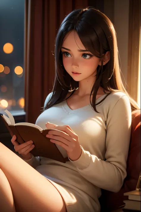 Create a stunning 3D hyper-realistic image of a beautiful girl sitting in a cozy, softly lit room, deeply immersed in reading a book. The scene should feature warm, inviting colors, with fairy lights gently illuminating the background. She has long, flowin...