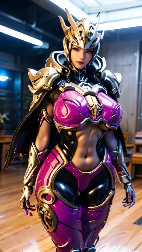 Cosplayer_Queen, CLOSE UP UPPER BODY,solo, COWBOY SHOT, ((KABUTO SAMURAI HORN HELMET, CAUCASIAN BLONDE WAVY HAIR)), (GIGANTIC FAKE BREASTS,11 LINE ABS:1.5), (SKINTIGHT FUTURISTIC SAMIRAI MECHA BODYSUIT OVERWATCH, ROYAL LONG CLOAK, SKINTIGHT YOGA PANTS:1.5)...