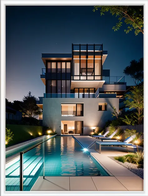 night light, light interior, modern style, villa, swiming pool, raw photo, (high detailed skin:1.3), 8k uhd, dslr, soft lighting...