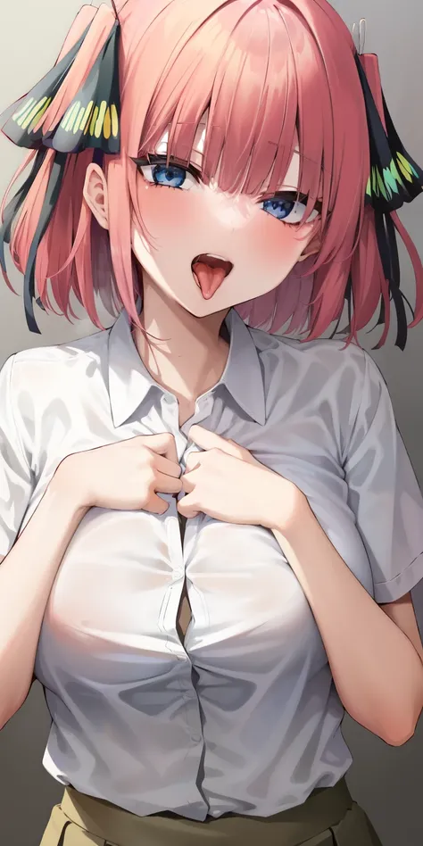 High resolution, Nakano Nino,1 Girl,Pink Hair,Short Hair,Butterfly Hair Ornament, Lonha,Green Skirt,White shirt,Collared shirt, Sex Friend,Blowjob Pose、Close one eye, Tilt your head up, and open your mouth, Detailed depiction of a long tongue、Detailed depi...