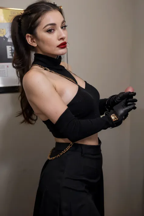 photo of a good class looking eyes closed horny sweated office secretary man cross dresser at 35 years old masturbating himself, ,(( red lipstick )) (( long black ponytail hair)) ((the man has a black long maxi-skirt:1.2 and a black turtleneck sweater with...