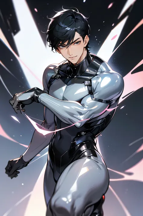 Japanese male handsome model　Black Hair　　Short cut　　G-I-A-CUT　looking at the camera　Shiny full-body silver suit　　　Shiny silver latex suit　　Fierce face　Handsome　　future　Metal Body　　 dynamic pose　　Bright smile　Face close-up
