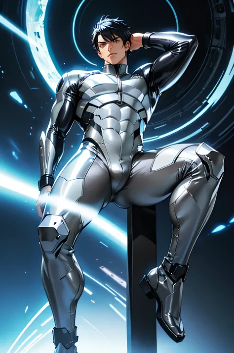 Japanese male handsome model　Black Hair　　Short cut　　G-I-A-CUT　looking at the camera　Shiny full-body silver suit　　　Shiny silver latex suit　　Fierce face　Handsome　　future　Metal Body　　 dynamic pose