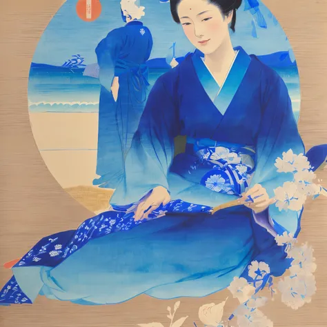 arafed woman in a blue kimono sitting on a beach, Inspired by Uemura Shōen, inspired by Itō Shinsui, by Uemura Shōen, japanese art, shinsui ito, inspired by Hishikawa Moronobu, inspired by Suzuki Harunobu, inspired by Ogata Kōrin