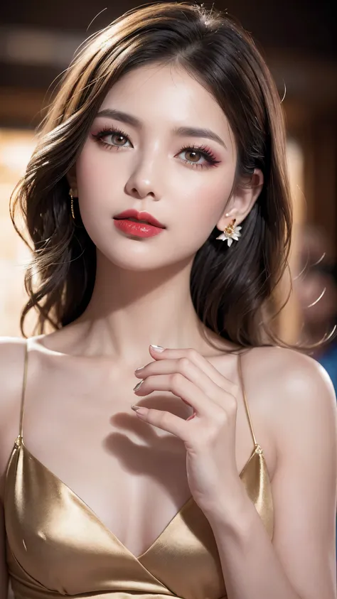 ((Make your subject look three-dimensional with the contrast of light and shadow)), (show 1 woman, 24 years old, famous actress, confidently walks on the red carpet, Film Awards Gala), looks at the viewer, (ultra-fine digital art), photorealistic Realism 1...