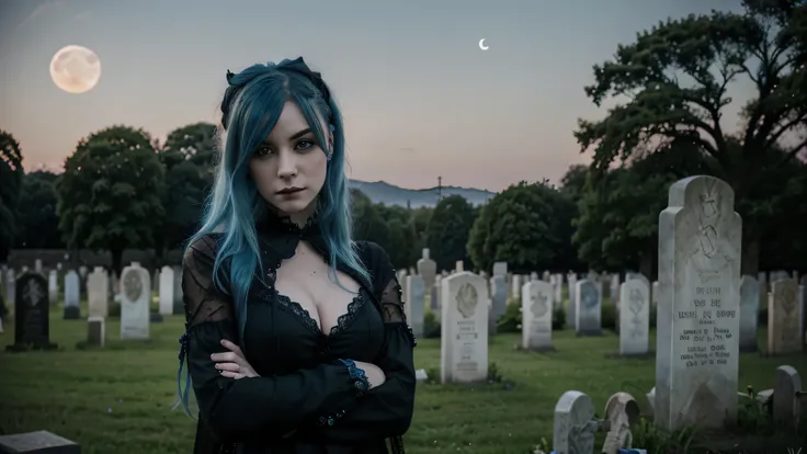 Extremely detailed 4k photograph of a goth girl with blue hair, green eyes, seductive gaze and soft smile, in a graveyard with nameless graves and the moon in the sky