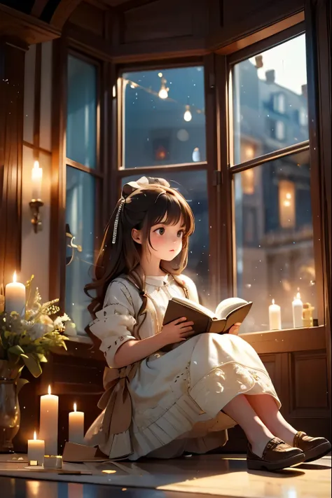 a girl reads a book sitting on the floor illuminated by candles behind her there is a bay window from which you can see the