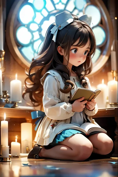 a girl reads a book sitting on the floor illuminated by candles behind her there is a bay window from which you can see the