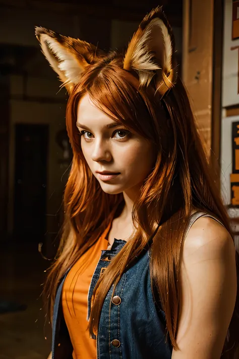 Alone, young, beautiful woman, fox ears, Long hair, orange hair, rock style clothing, looking straight ahead