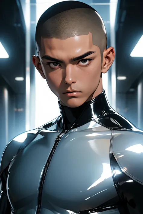 Japanese male handsome model　Black Hair　　Short cut　　G-I-A-CUT　Skinhead　looking at the camera　Shiny full-body silver suit　　　Shiny silver latex suit　　Fierce face　Handsome　　future　Metal Body　　 grim stare　　gaze　Sad expression　Moist eyes　　 Vibrant poses　　