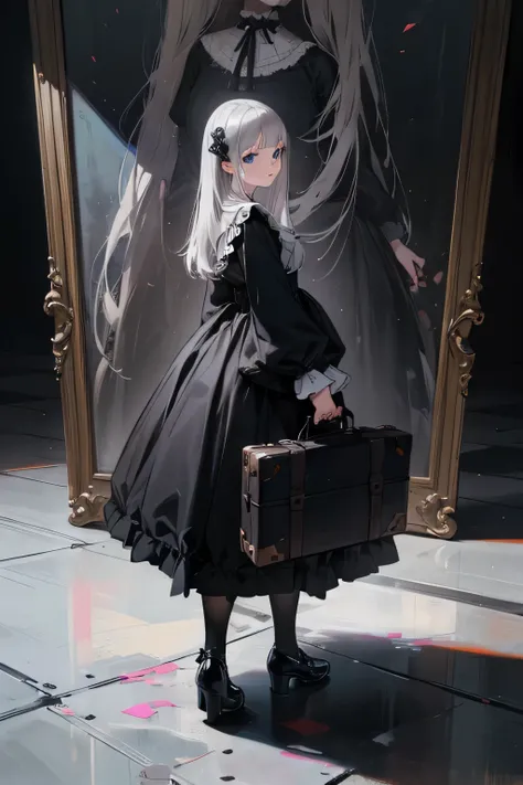 (Highest Resolution, clear_image), Highest quality, masterpiece, Very detailed, Semi-realistic, Gray-haired woman, Blue Eyes,Immature woman, 20-year-old,Triple Van, Black clothes,Gothic&Lolita, Are standing, She has a huge leather suitcase that is bigger t...