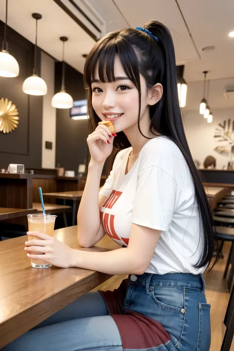 Create a high-quality image with rich details and anime style, showing a lively and vibrant scene of a Japanese girl eating a burger together with her friends. The main girl must have typical anime characteristics, like big, expressive eyes, styled hair an...