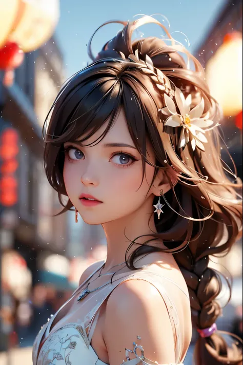 masterpiece, best quality, ultra high res,photon mapping,best shadow,portrait,beauty detail,ultra high detail,long purple hair,single braid,blunt bangs,medium breasts,city,chinatown,downtown,see through, short dress, low cut:2, hair ornament, earrings, nec...