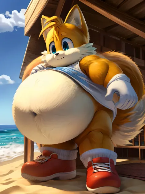 masterpiece, high quality, (konzaburou, ukan_muri, cute), (soft shading), 8k, UHD, Detailed background, detailed face, beach, (Miles Tails Prower), male,  (all body fluffy:1.4), (inflating:1.1), (hyper belly:1.2), (Thick legs:1.3), (Thick Arms:1.3) (fat:1....