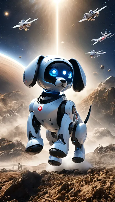 highest quallity, realisitic, photorealisitic, rewarded photography, universe space, combat model, robotic dogs: aibo, the highl...