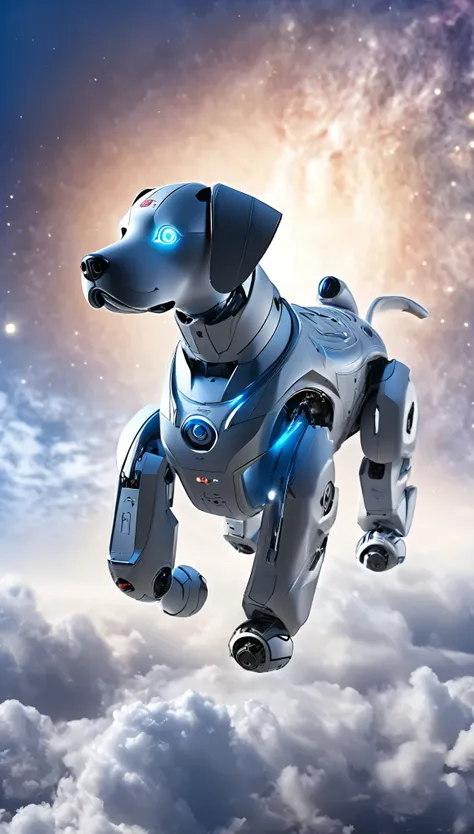 highest quallity, realisitic, photorealisitic, rewarded photography, universe space, combat model, robotic dogs: aibo, the highl...