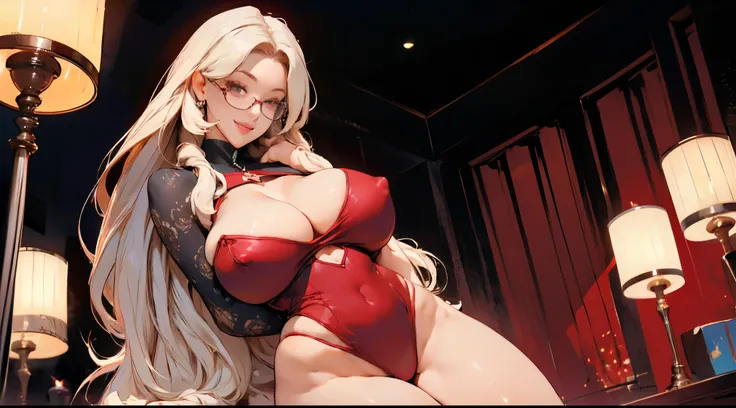 1girl, (solo:1.2), closed room, (red ambience lighting:1.2), highleg leotard, (gigantic breasts:1.2), detailed face, long hair, middle-parted hair, thighs, v-lines, glasses, smile, looking at viewer, cleavage, (raw photo:1.2), masterpiece, highest quality,...