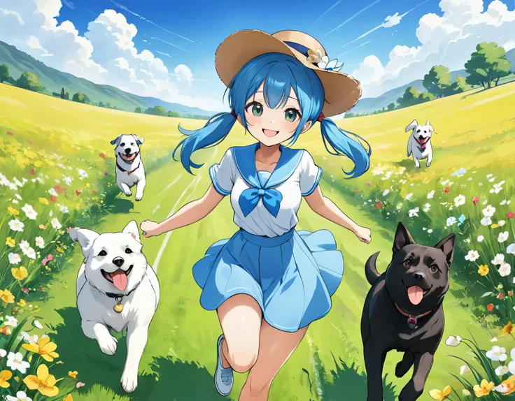 Light blue long hair、beautiful girl with twin tails、Bright smile、Wear a hat, A girl is running with her dog through a green field full of flowers。Many dogs are also running happily with me.。.、Large in the center、Looking into the camera、