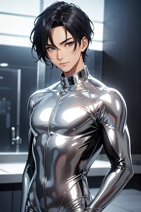 Handsome Japanese male models　　18-year-old　smile　　　Black Hair　　Short cut　　smile　looking at the camera　　　 　Upper body face up　　　　Shiny full-body silver suit　　　Shiny silver latex suit