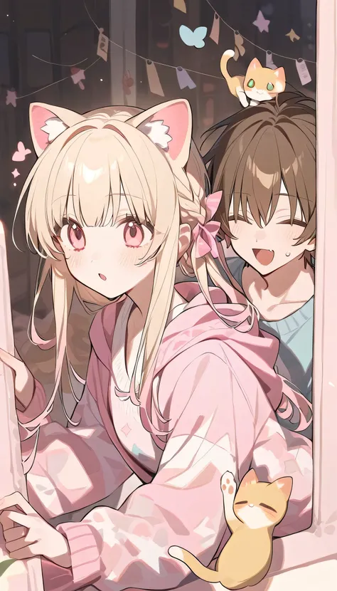 popular girl,  blonde,  pastel pink color.  and a cunning cat boy with long brown hair.