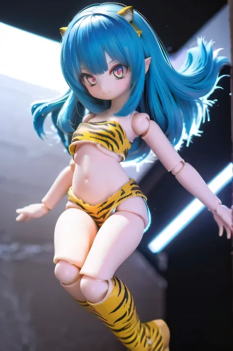 1girl, lum, blue hair, horns, strapless tiger bikini, tiger boots, doll joints, simple background, cute, full_body, smile, float...