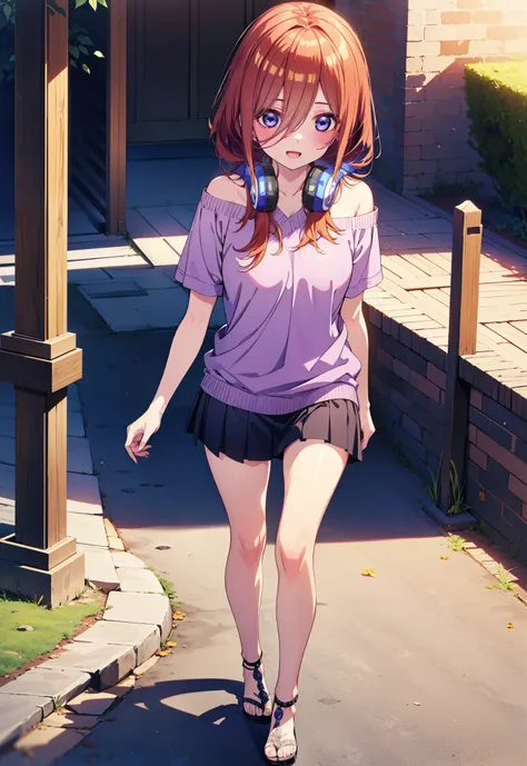 Miku Nakano, miku nakano, Long Hair, bangs, blue eyes, Brown Hair, shirt, Hair between the eyes, Headphones around neck,happy smile, smile, Open your mouth,One-shoulder sweater,Short sleeve,mini skirt,Heeled Sandals,Walking,morning,morning陽,Clear skies,who...