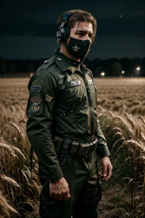 ((Realistic style)) (detailed) , men, covered face, military headphones, detailed combat suit, SERIOUS LOOK, dirty face, pistol, full Body, wheat field, night, Flashlight Light