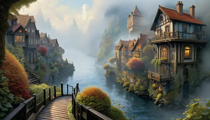 mist, Written by Thomas Kinkade, Aaron Wiesenfeld、Beksinki、Adrian Eversen、Geodiminus plankevicius、Escher, Intricately sophisticated textures, Matte Painting Details, Deep color, wonderful, Intricate details