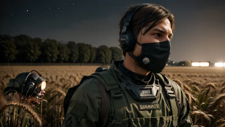 ((Realistic style)) (detailed) , Men, covered face, military headphones, detailed combat suit, SERIOUS LOOK, dirty face, Detailed full body, wheat field, night, Flashlight Light