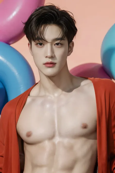 full frontal,colorful background fashion,colorful prop in this photo,stand at studio advert,no text,eyes looking center,shirtless Handsome,korean male,Center-parted hairstyle.