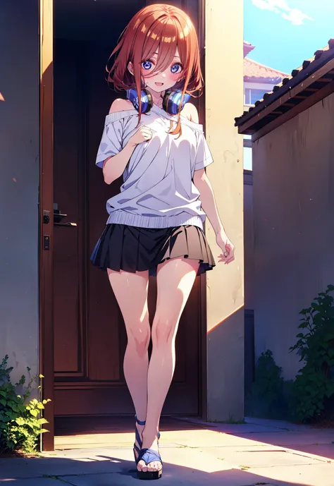 Miku Nakano, miku nakano, Long Hair, bangs, blue eyes, Brown Hair, shirt, Hair between the eyes, Headphones around neck,happy smile, smile, Open your mouth,One-shoulder sweater,Short sleeve,mini skirt,Heeled Sandals,Walking,morning,morning陽,Clear skies,who...