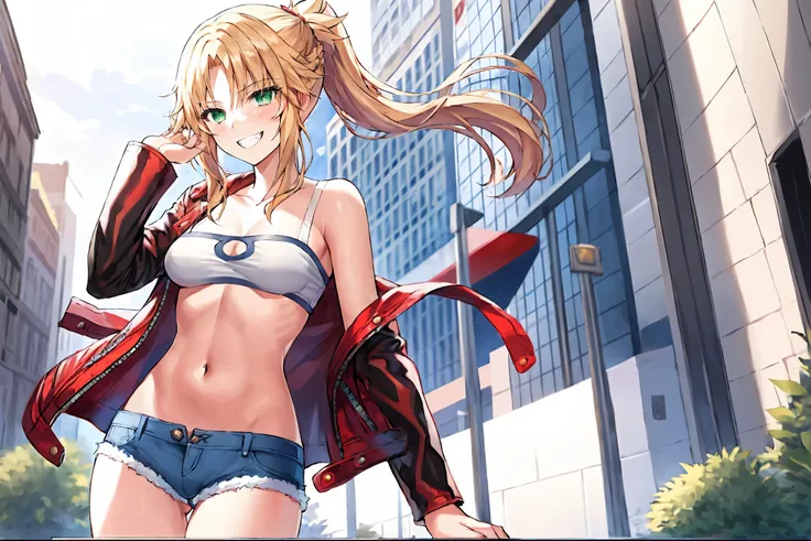 Masterpiece, Best Quality, illustration, city_street_landscape, 1girl, Mordred (fate), cowboy shot, collarbone, Detailed blond hair ponytail braid, green eyes, Red leather jacket, White short blouse, denim shorts,navel,thigh-high,grin, covered_pussy,skiny,...