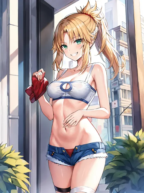 Masterpiece, Best Quality, illustration, city_street_landscape, 1girl, Mordred (fate), cowboy shot, collarbone, Detailed blond hair ponytail braid, green eyes, Red leather jacket, White short blouse, denim shorts,navel,thigh-high,grin, covered_pussy,skiny,...