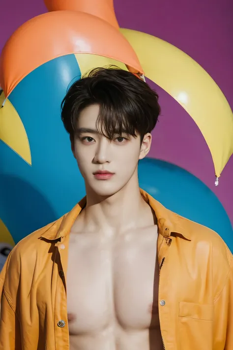 full frontal,colorful background fashion,colorful prop in this photo,stand at studio advert,no text,eyes looking center,shirtless Handsome,korean male,Center-parted hairstyle.