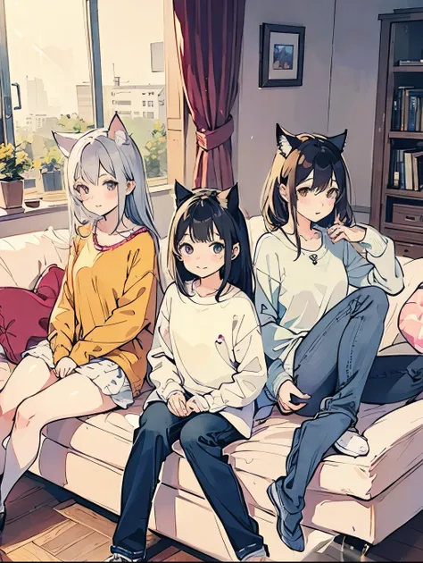 three adorable cat girls, casual clothing, couch