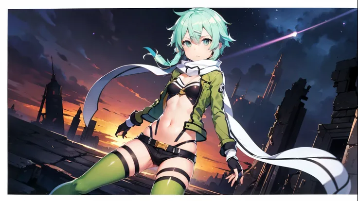 (masterpiece), best quality, expressive eyes, perfect face, highres, sinon1, scarf, fingerless gloves, long sleeves, short shorts,groin, hair ornament, hairclip, green thighhighs, green jacket,covered_nipples, thigh strap, field, sunset_ruins_landscape_bac...