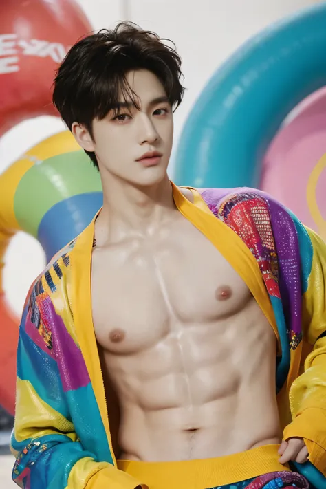 full frontal,colorful background fashion,colorful prop in this photo,stand at studio advert,no text,eyes looking center,shirtless Handsome,korean male,Center-parted hairstyle.