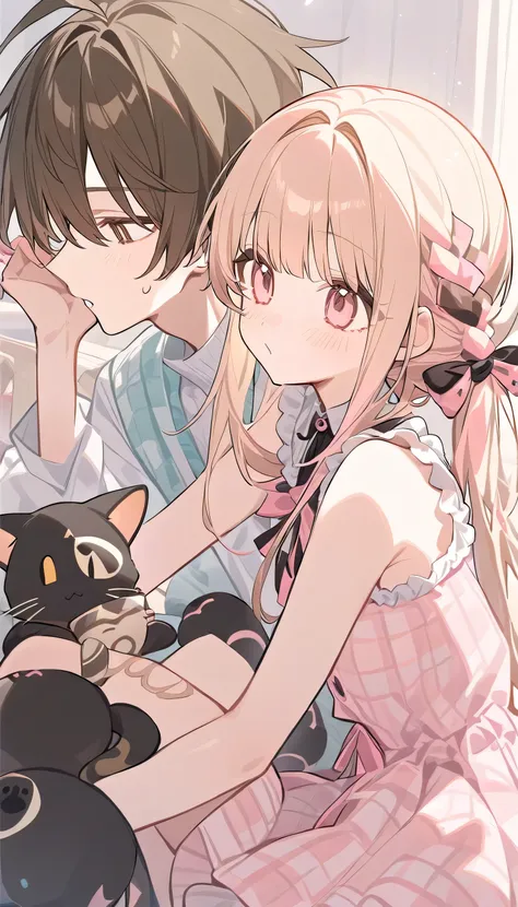 popular girl, blonde, pastel pink color. and a cunning cat boy with long brown hair.