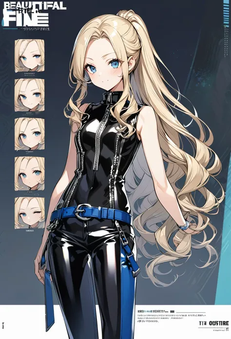 Virtual Character Design,blue-black leather pants, silver zipper,belt below the waist,super fine illustration,(((beautiful fine hair))),(((beautiful fine face))),(((beautiful fine background))),normal small size,bangs bangs ,(((beautiful fine hair))),(((be...