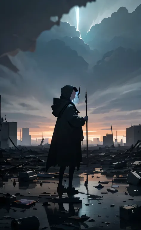 A little magical figure, a hooded wizard, floating above a devastated landscape. The ground is covered in trash and rubble, with building debris in the background. The sky is cloudy and dark, Reflecting the desolation below. The Magus, with an expression o...