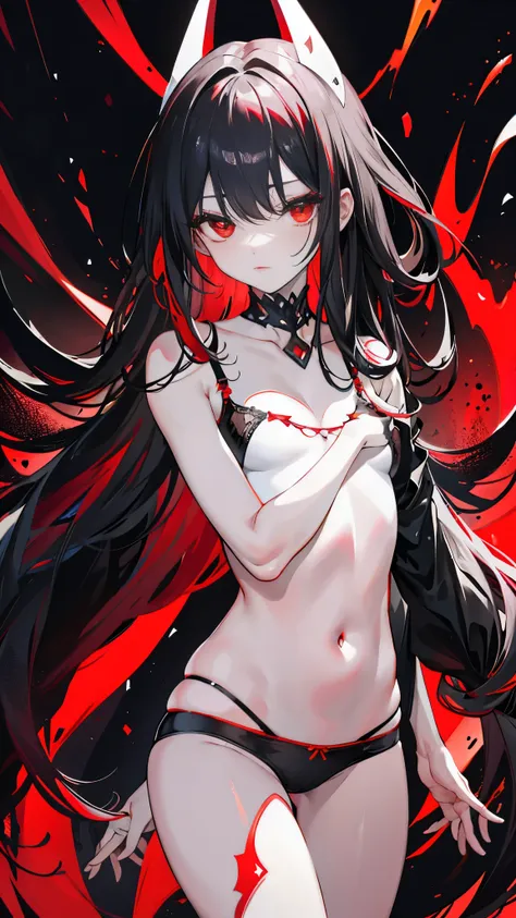 Dark style, black hair, white skin, red eyes, long hair, bangs，underwear