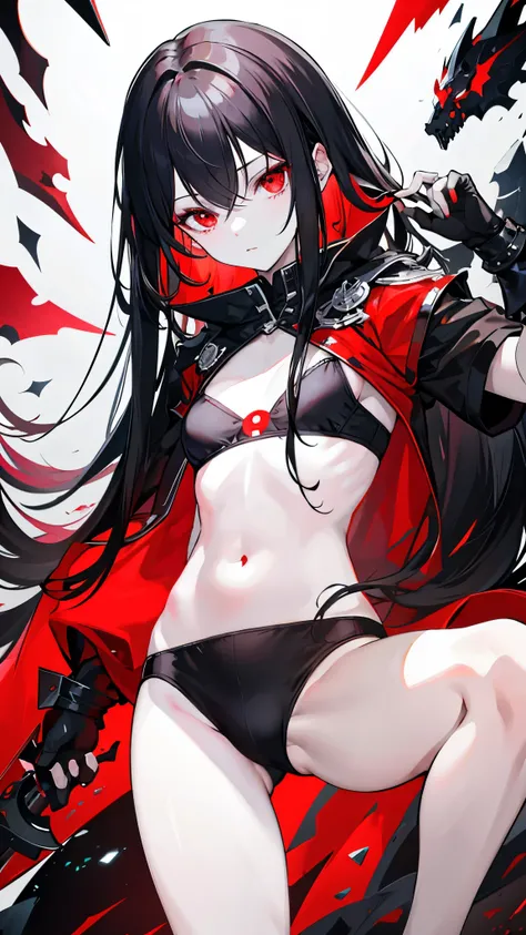 Dark style, black hair, white skin, red eyes, long hair, bangs，underwear