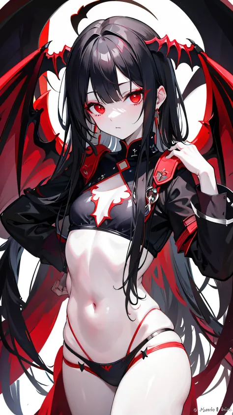 Dark style, black hair, white skin, red eyes, long hair, bangs，underwear，succubus