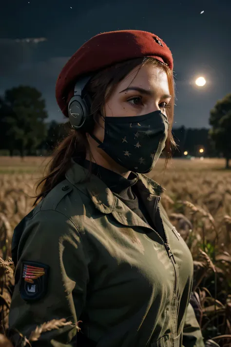 ((Realistic style)) (detailed) , women, covered face, Red beret, military headphones ,Medium hair, detailed combat clothing, SERIOUS LOOK, dirty face, Whole body, lateral point of view, wheat field, night, Moonlight