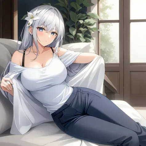 1024 X 1536, (masterpiece), maximum quality, 1girl, white hair, bangs, breasts, hair between eyes, long hair, solo, bare shoulders, white flower hair ornament, hair ornament, blue eyes, late 20s, older, woman, adult woman, mainly white colour pallete with ...