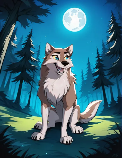 cartoon wolf sitting in the forest at night under a full moon, ein anthropomorpher wolf, wolf fursona, pelziger wolf, an anthrop...